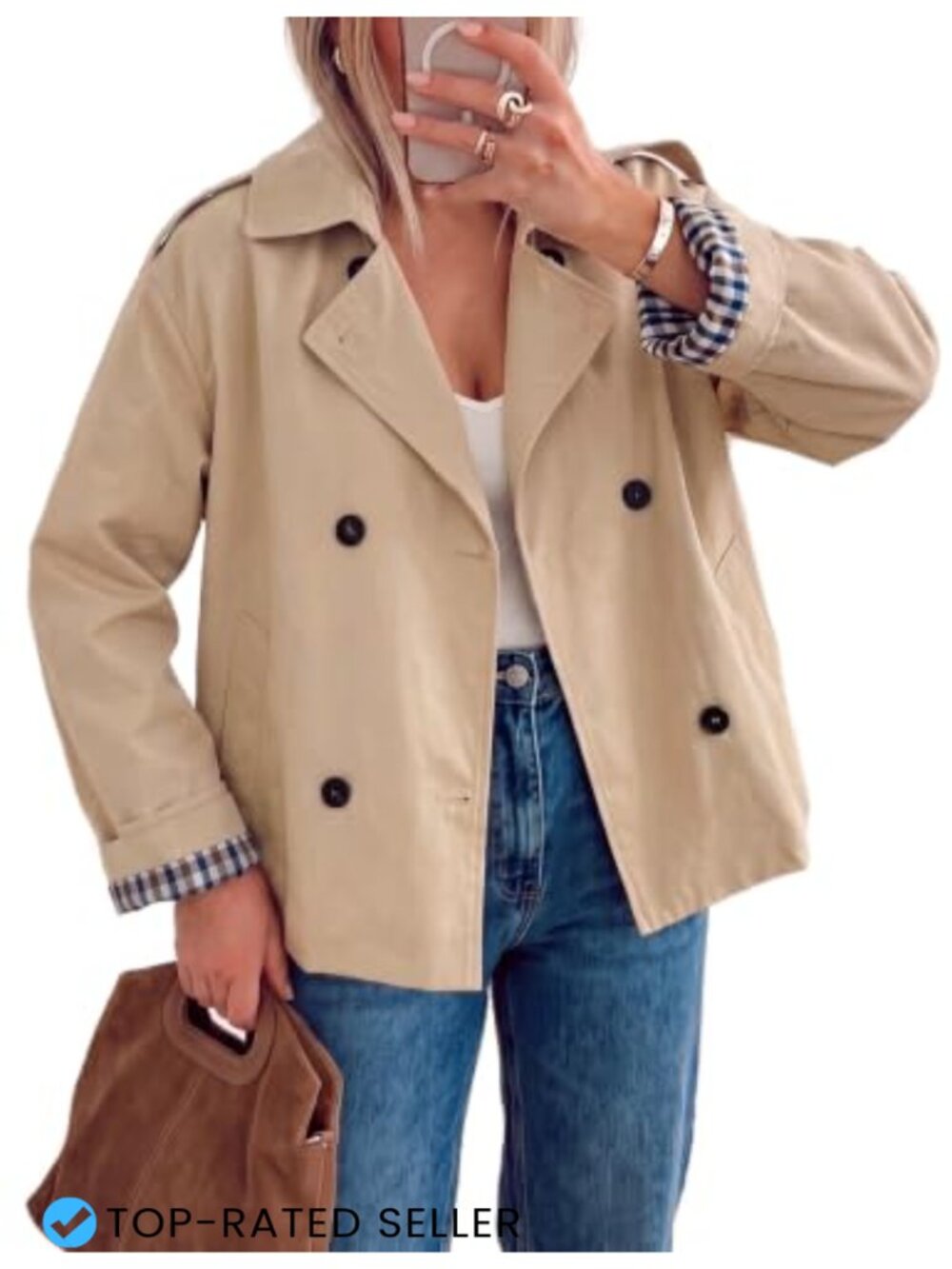 Womens Cropped Trench Coat Double Breasted Plaid Lined Short Jacket